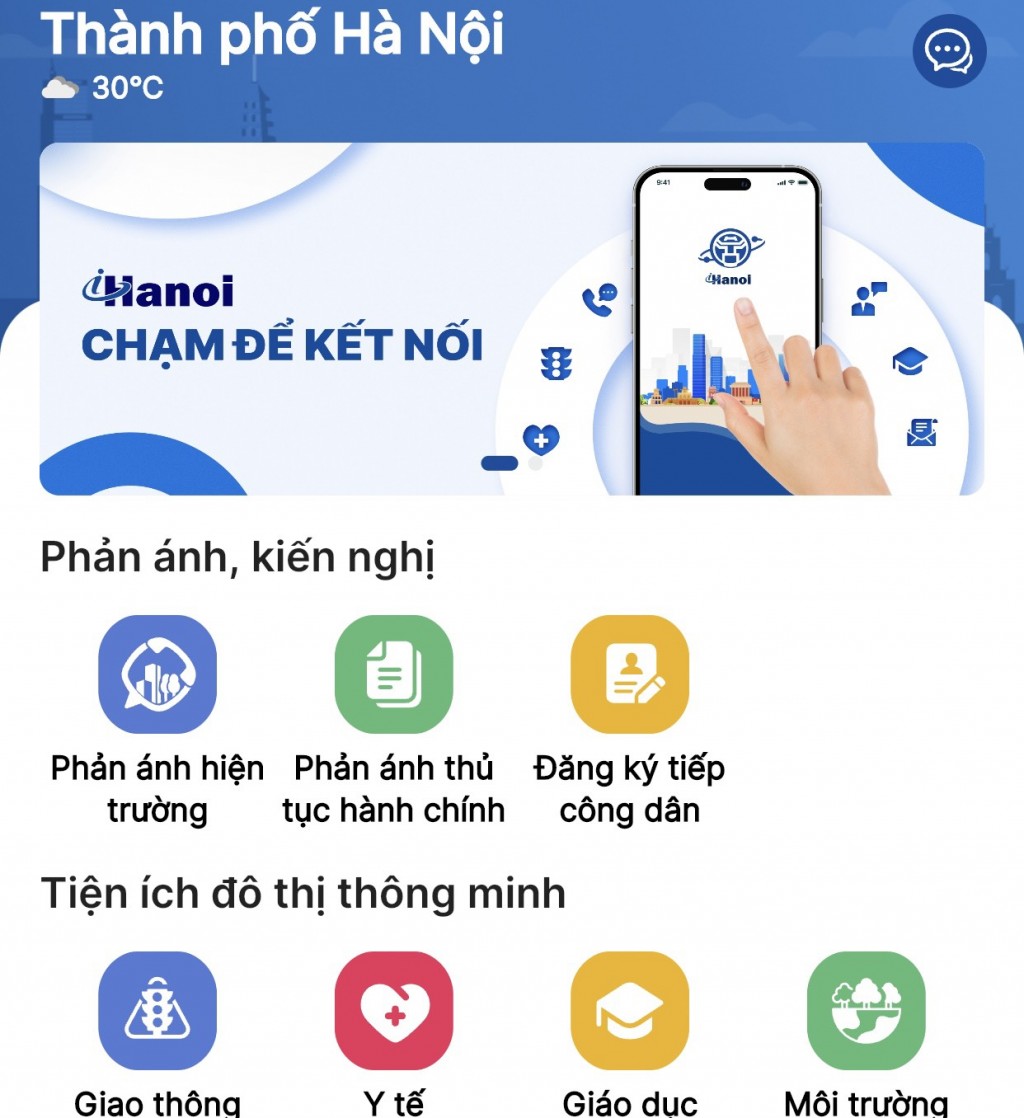 Trang giao diện chính thức của ứng dụng iHanoi Trang giao diện chính thức của ứng dụng iHanoi