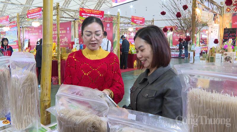 Chị Huyền Linh - đại diện Công ty cổ phần Đầu tư và Phát triển TAVINA giới thiệu sản phẩm đến khách tham quan Hội chợ Mùa Xuân.